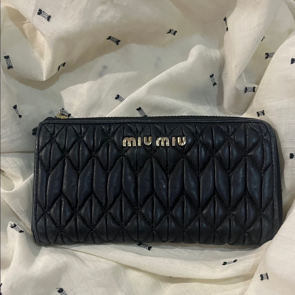 Miu Miu Black Quilted Leather Zip Wallet with Gold Logo